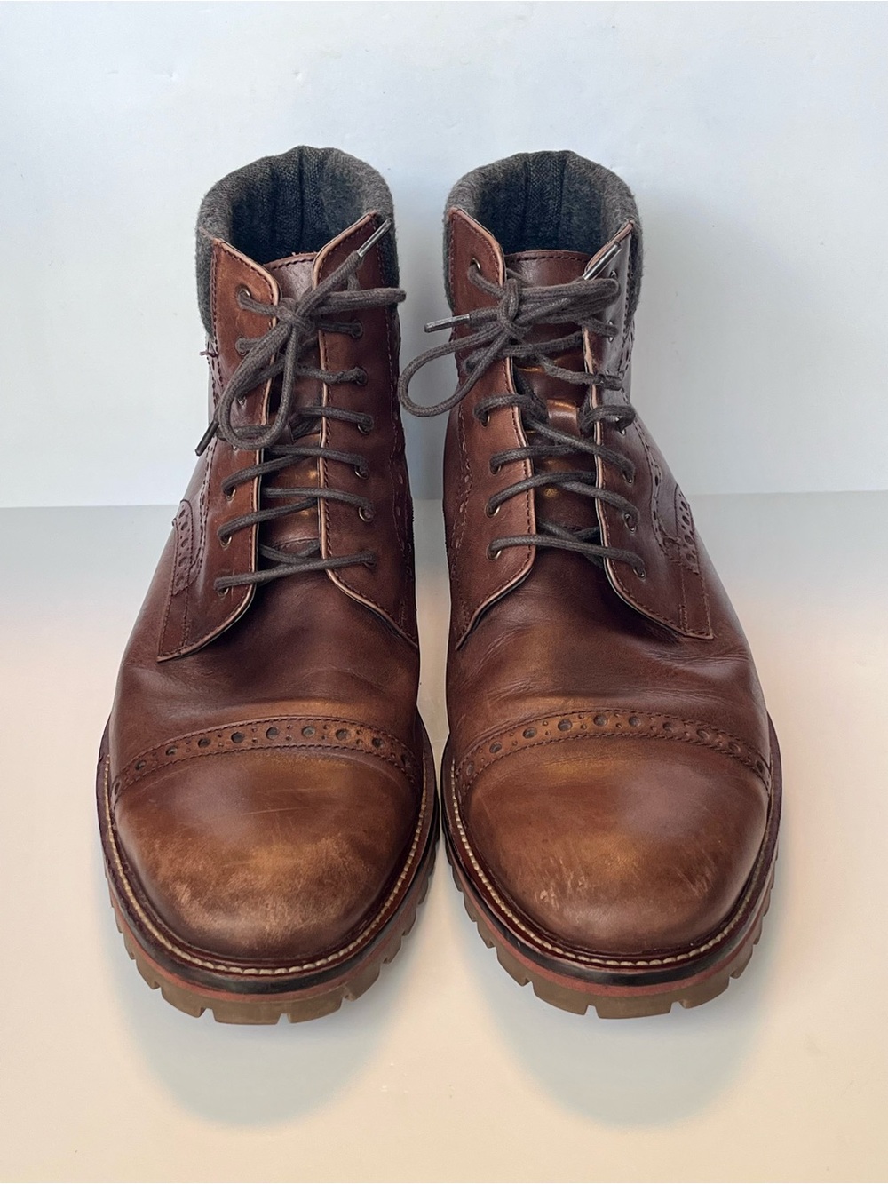 Johnston & Murphy JM 1850 Karnes Brown Leather Cap Toe Boots Wool Collar 12 M